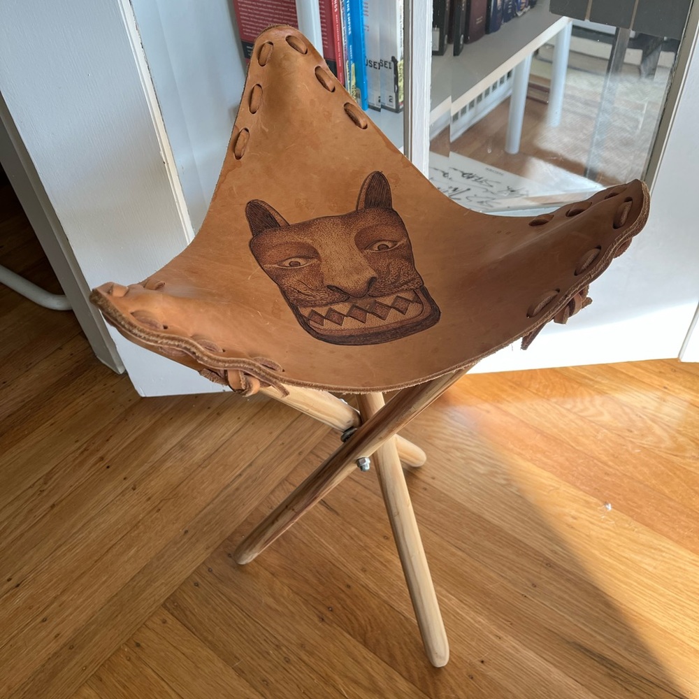 Leather three legged decorative stool hand etched in Todos Santos Mexico